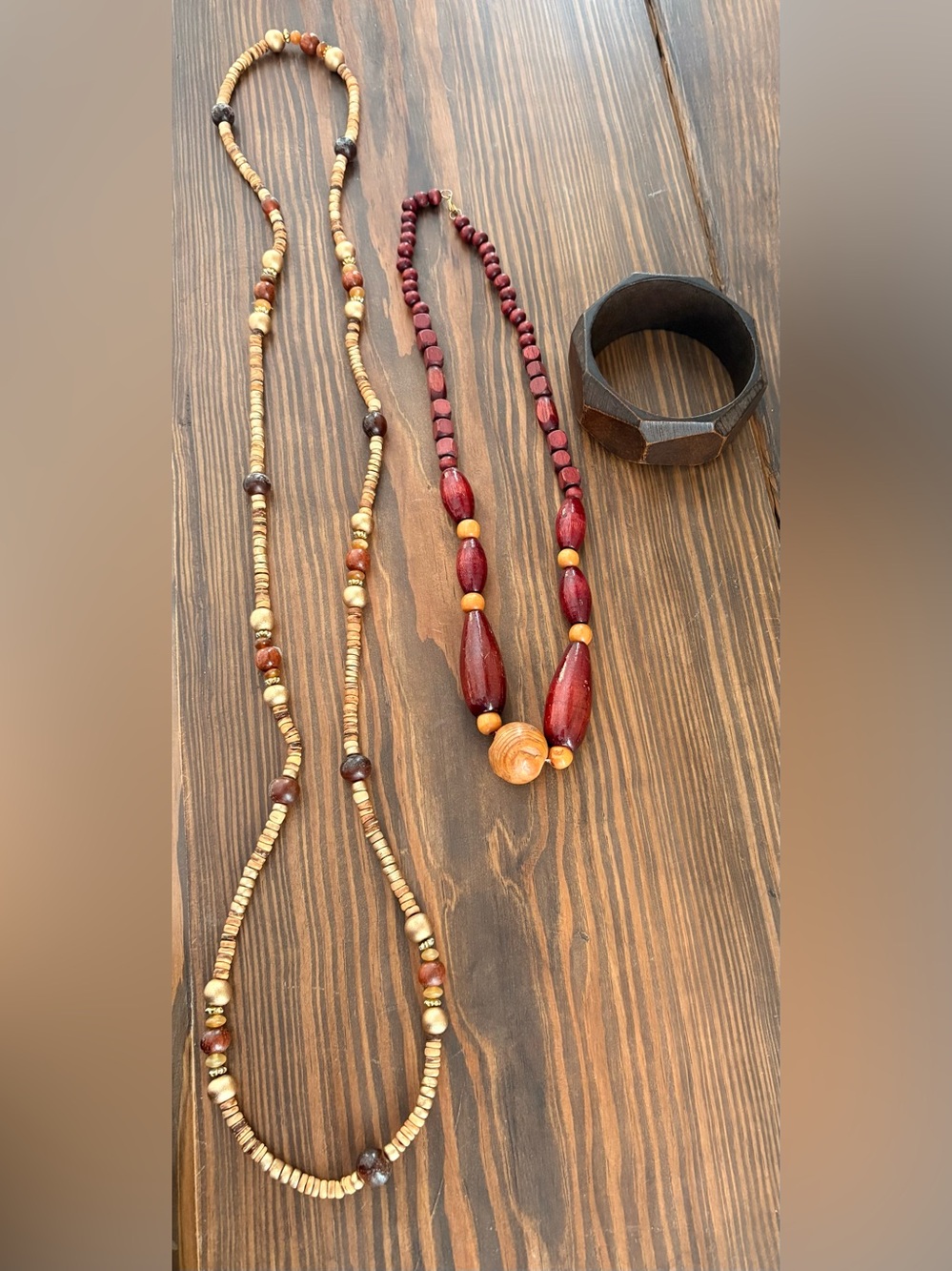 Boho Wooden Bead Necklace set & bangle bracelet - 3 pieces